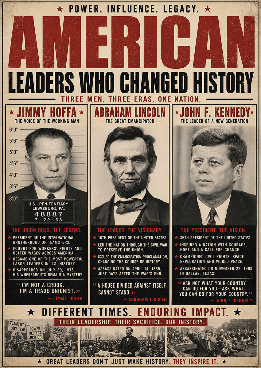 A vintage style portrait poster featuring Jimmy Hoffa, Abraham Lincoln, and John F. Kennedy with biographical summaries.